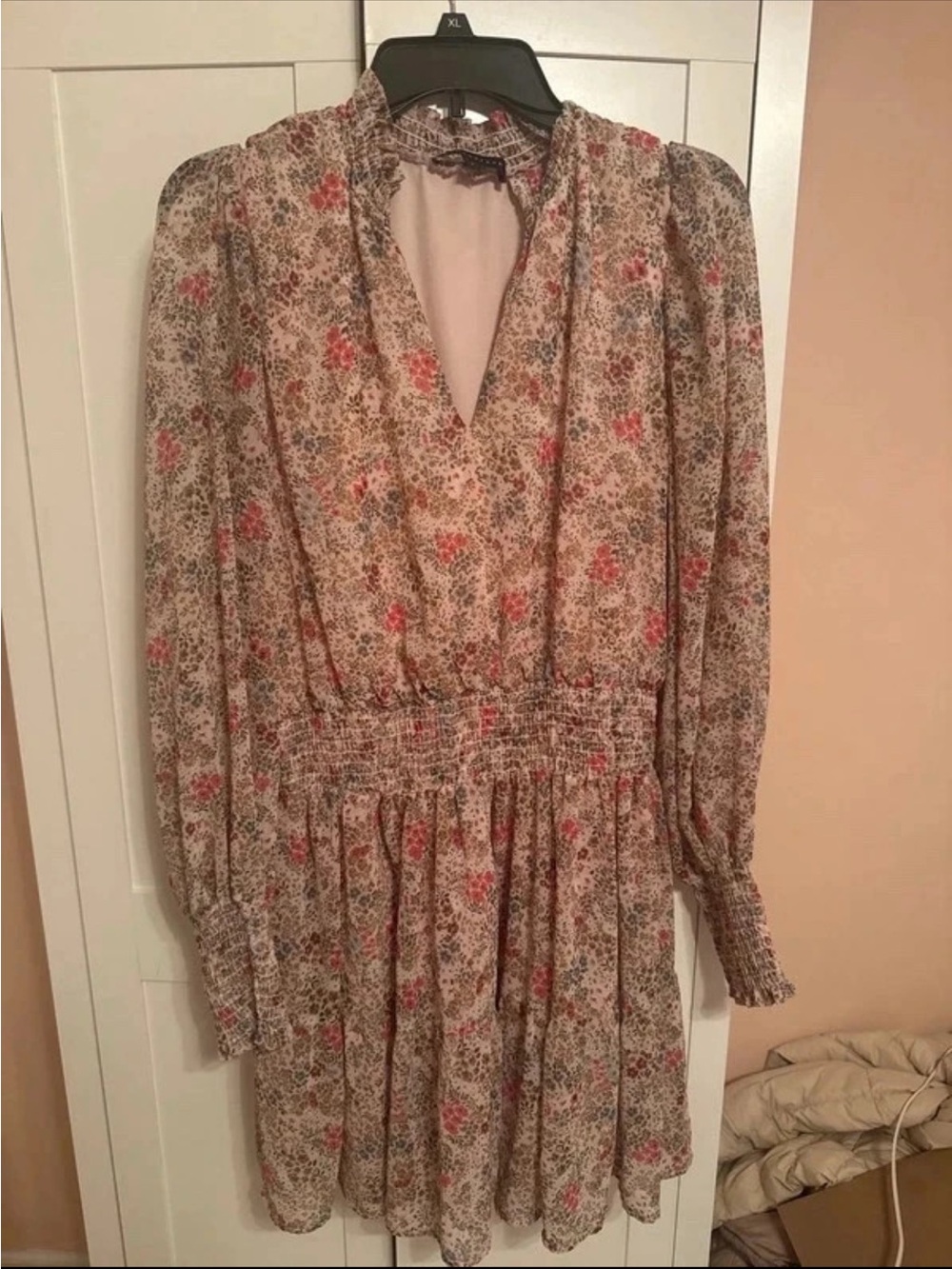 Gibson Beige Floral Mini Dress with Pink & Green Accents